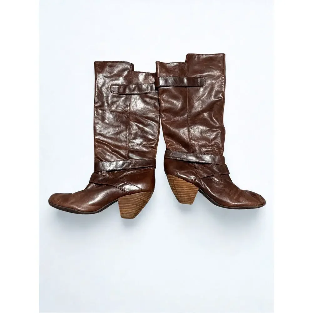 Aldo Brown Leather Slouch Calf Boots Buckle Details Size 9